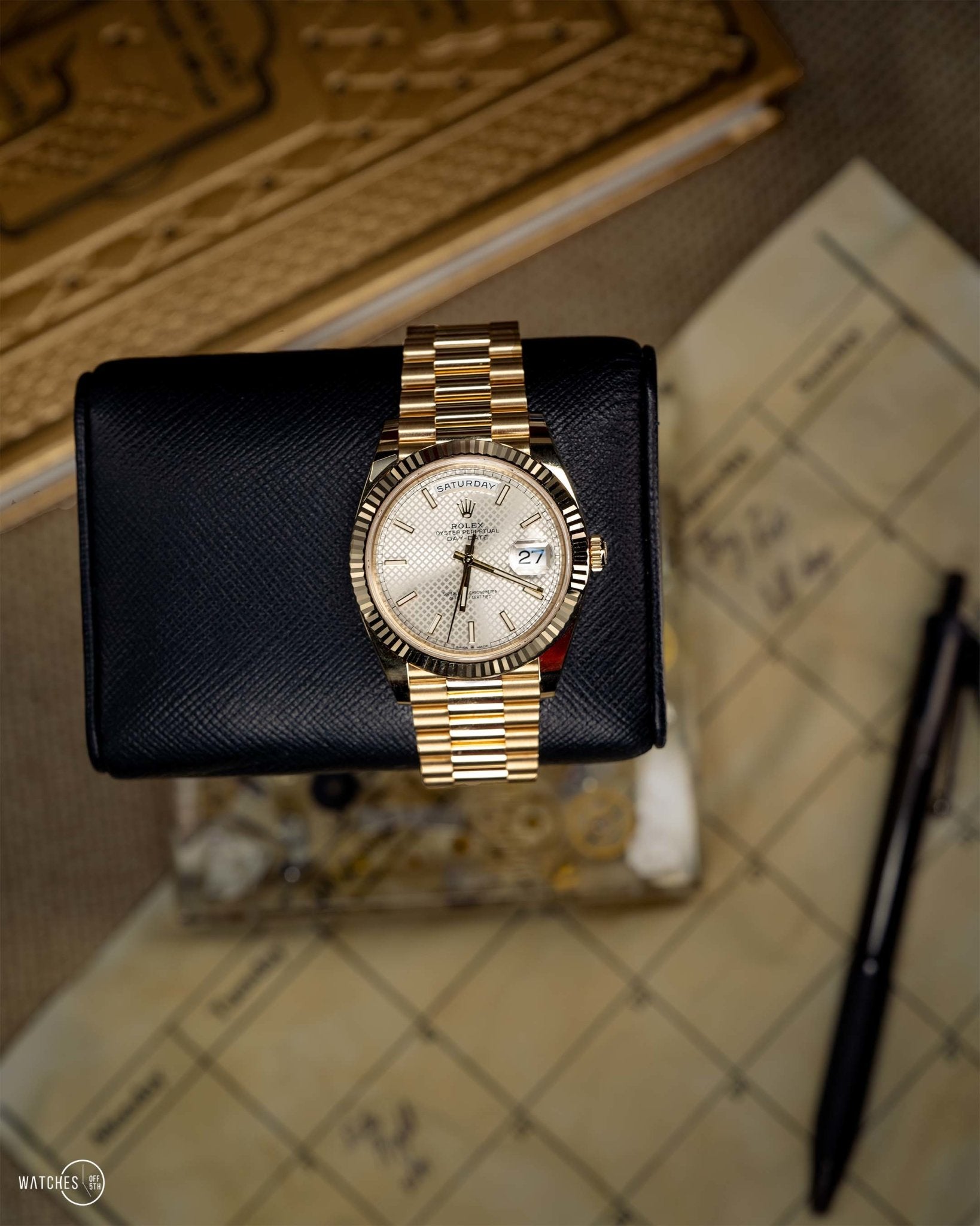 Rolex Day-Date 40 Yellow Gold - Silver Diagonal Motif - Index Dial (Ref# 228238)