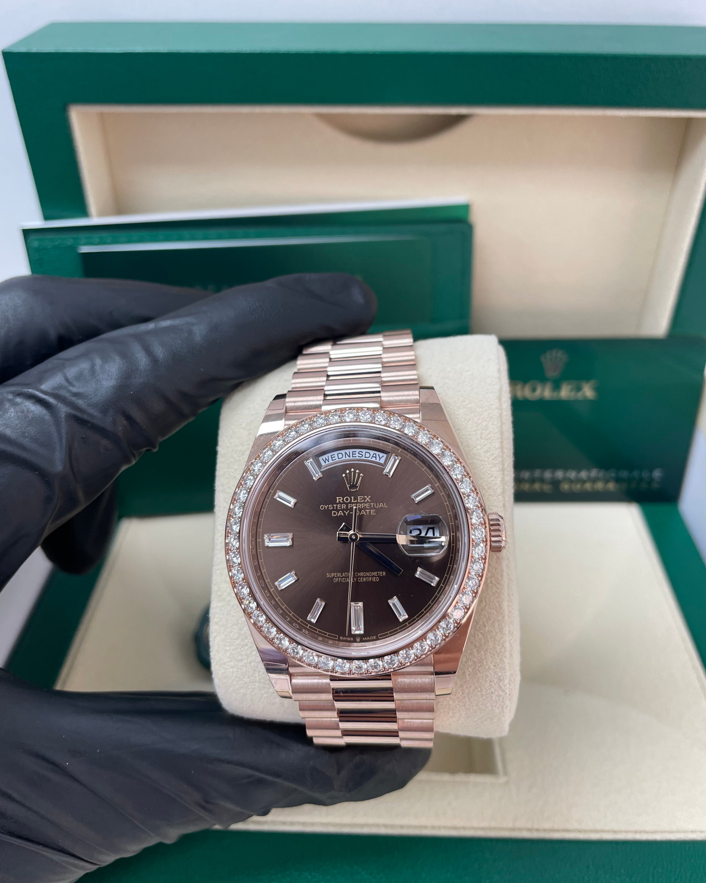 Rolex Everose Gold Day-Date 40 Watch - Everose Gold Bezel - Chocolate Baguette Diamond Dial - President Bracelet (REF#228345RBR)