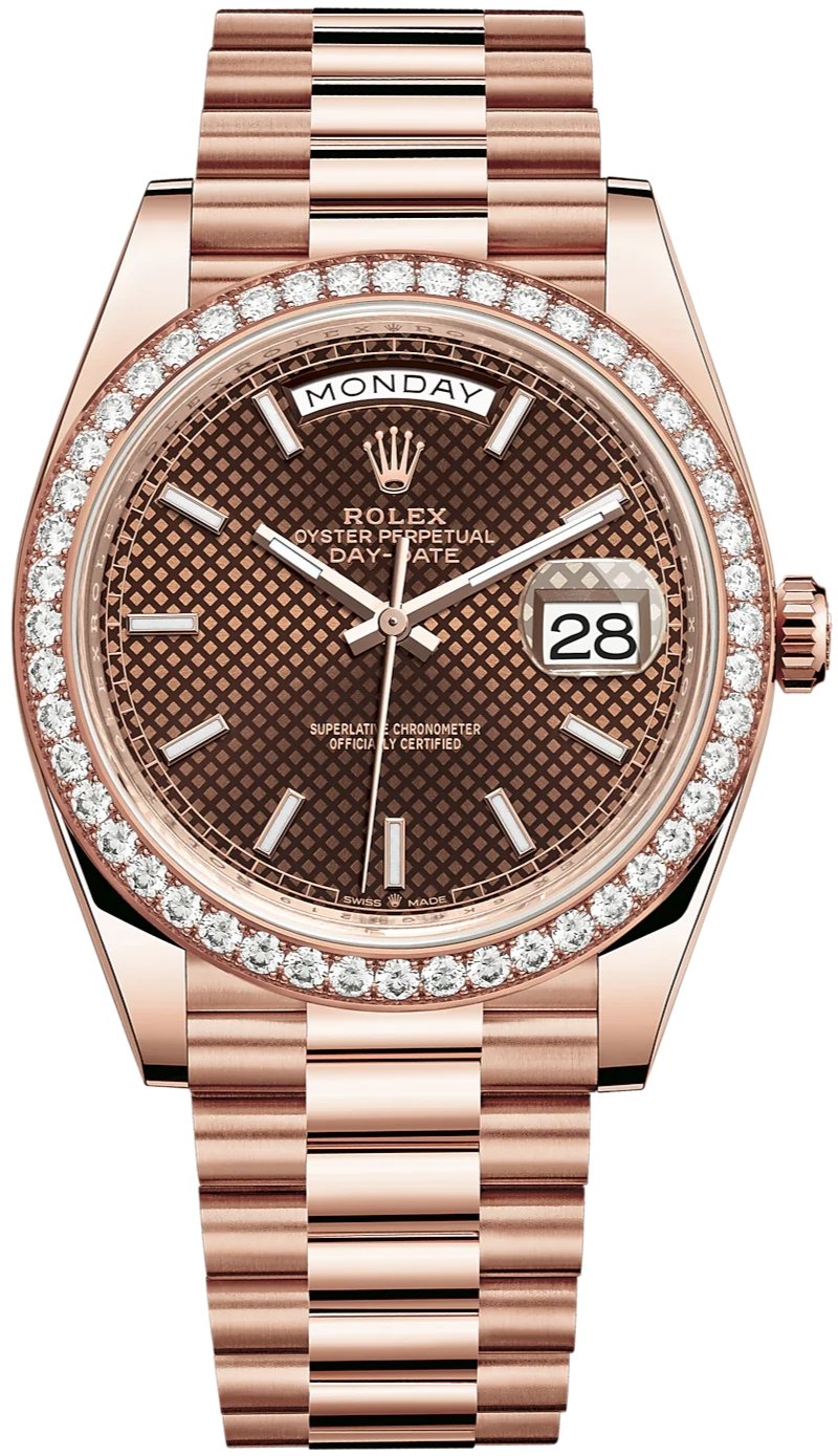 Rolex Everose Gold Day-Date 40 Watch - Everose Gold Bezel - Chocolate Diagonal Motif Index Dial - President Bracelet (Ref# 228345RBR)