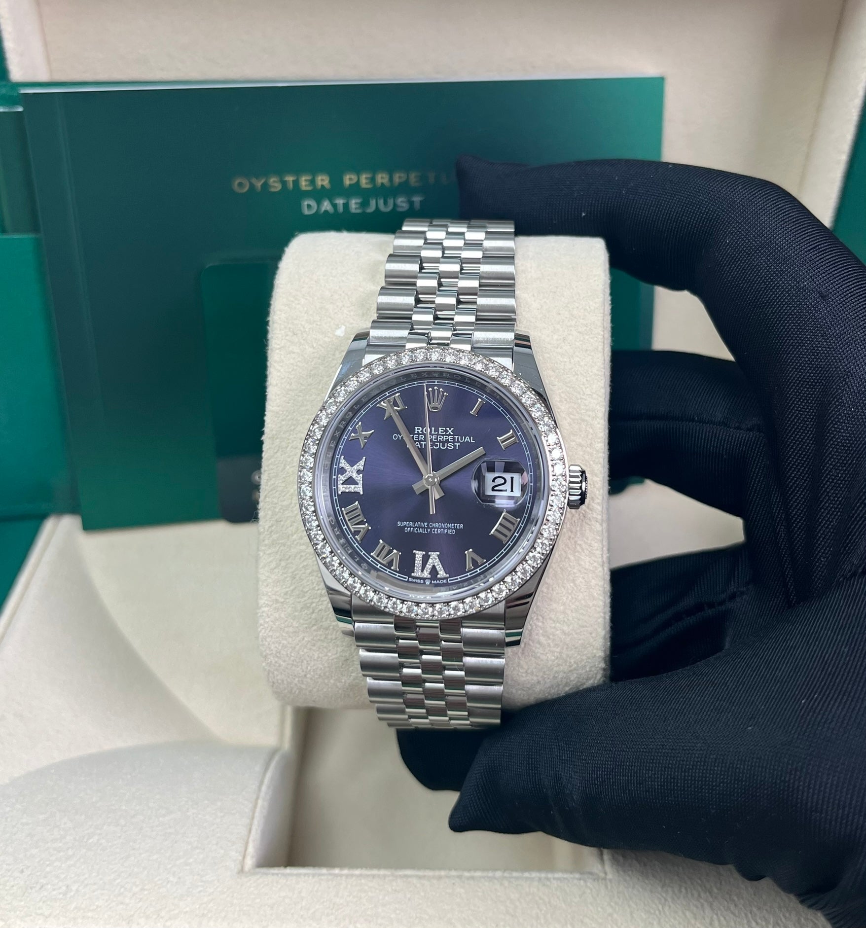 Rolex Steel Datejust 36 Watch - Diamond Bezel - Aubergine Purple Diamond Roman VI and IX Dial - Jubilee Bracelet (Reference #126284rbr)