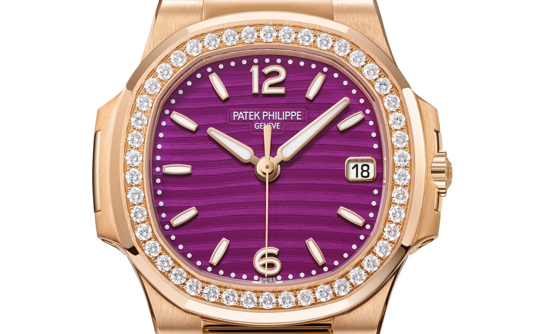 Patek Philippe Nautilus 32mm Diamond Bezel Rose Gold Purple Wave Dial 7010/1R-013