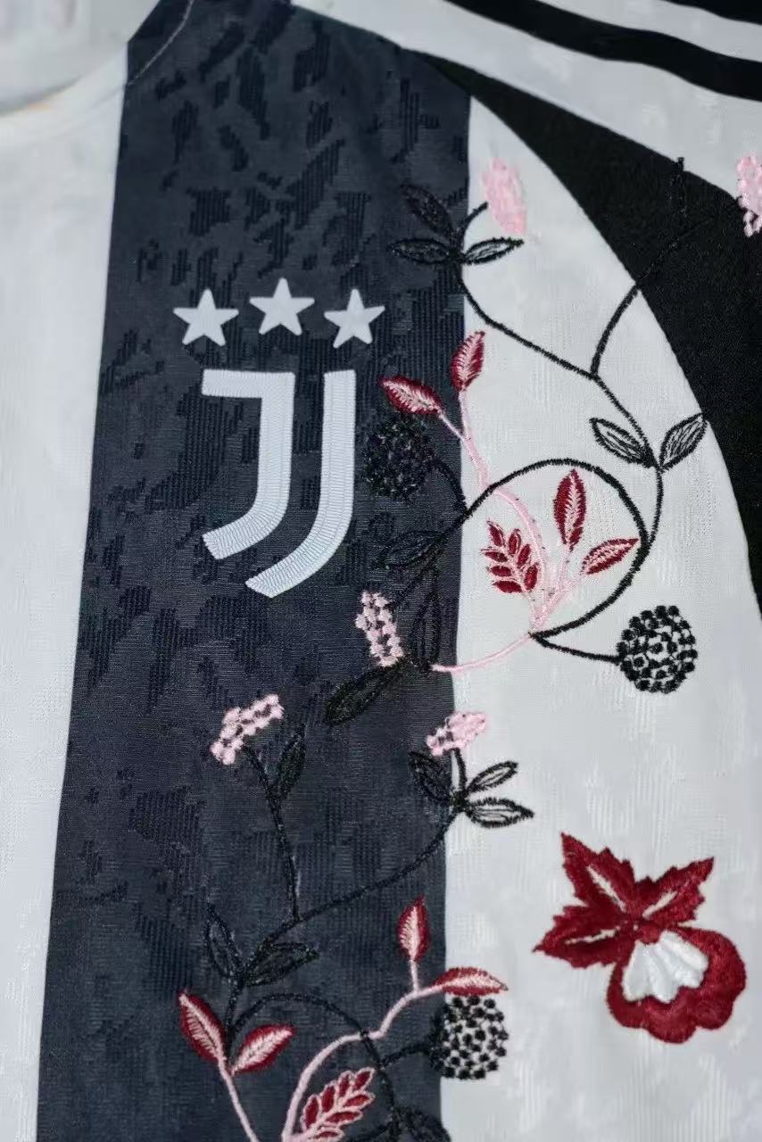 Juventus 2023/24 Special Edition Jersey – Black & White Stripes with Red Floral Embroidery
