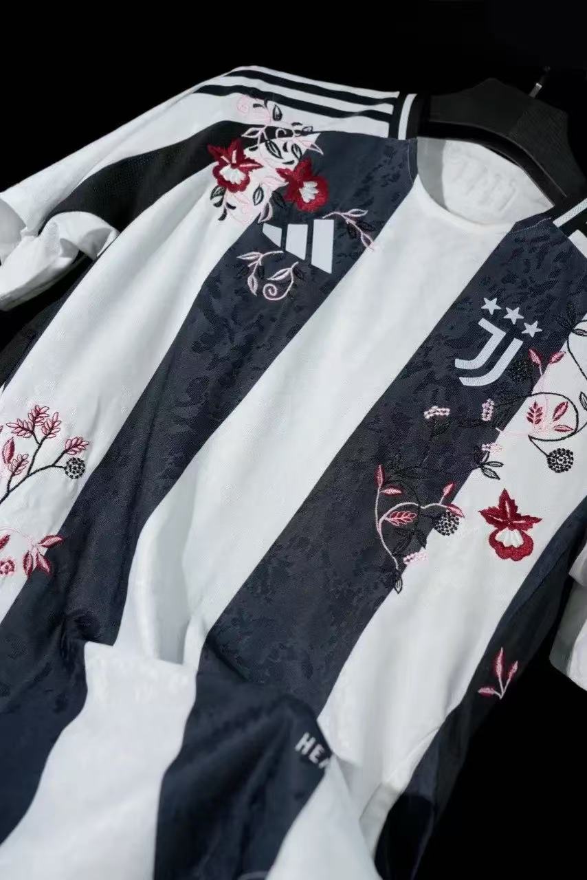 Juventus 2023/24 Special Edition Jersey – Black & White Stripes with Red Floral Embroidery