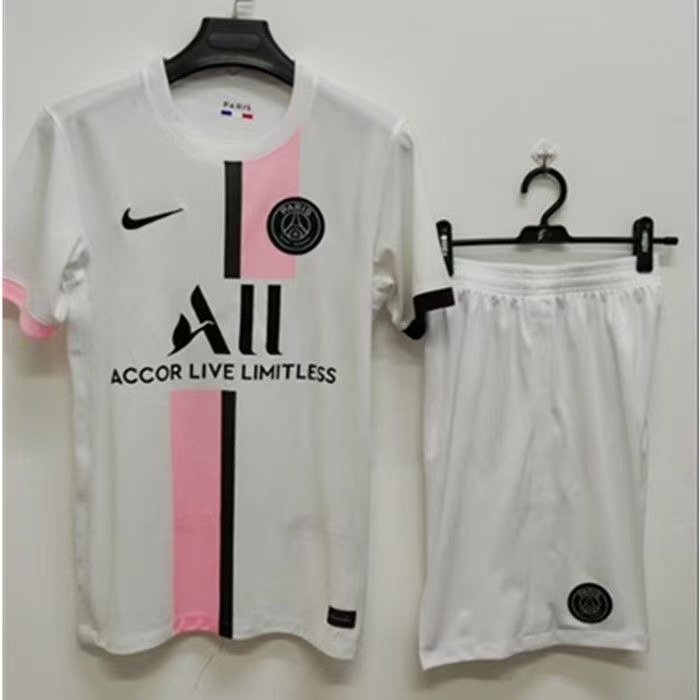 Paris Saint-Germain PSG 2021/22 Away Kit – White Pink Black Stripe Jersey & Shorts Set | Men's Football Fan Outfit