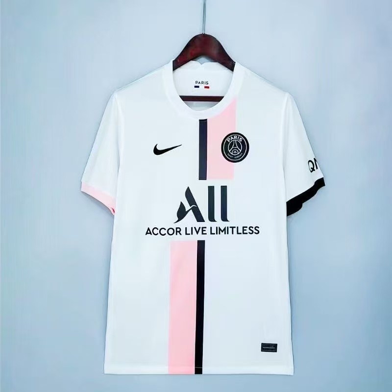 Paris Saint-Germain PSG 2021/22 Away Jersey – White Pink Black Stripe | Men's Football Fan Shirt