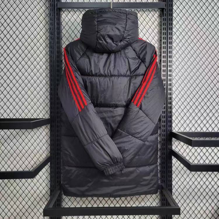 Manchester United Winter Puffer Jacket – Black & Red Adidas Bench Coat | Men's Football Outerwear