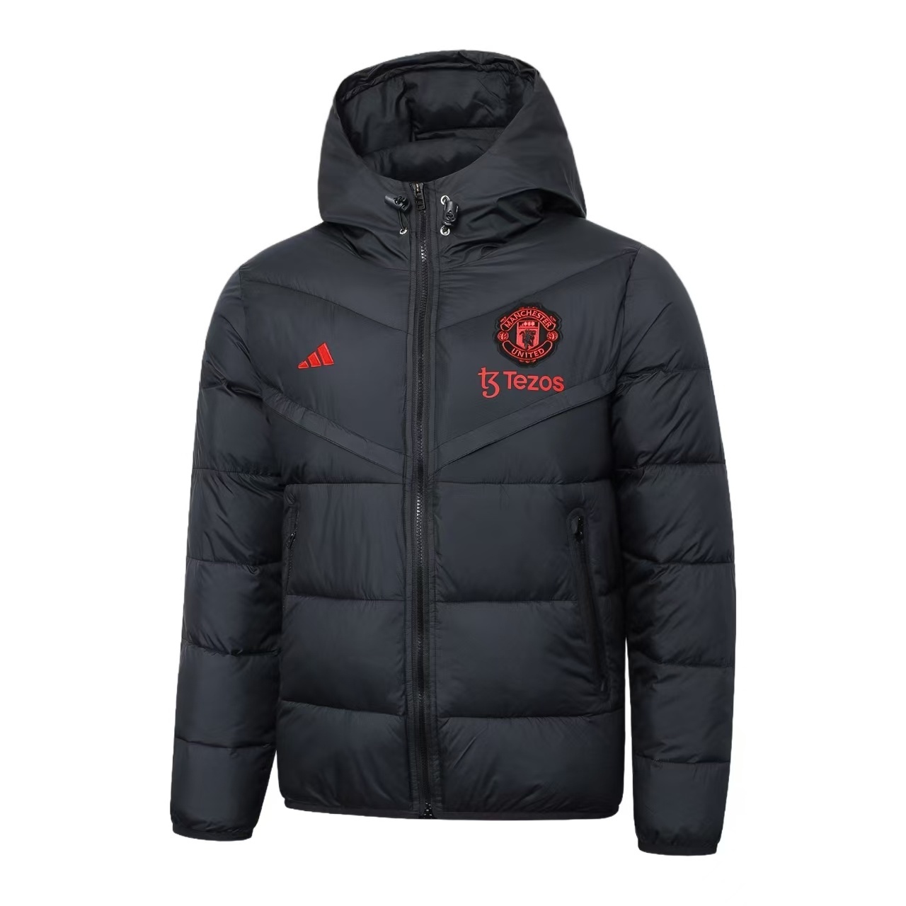 Manchester United 2024/25 Winter Puffer Jacket – Black & Red Tezos Logo | Fan Version Down Coat