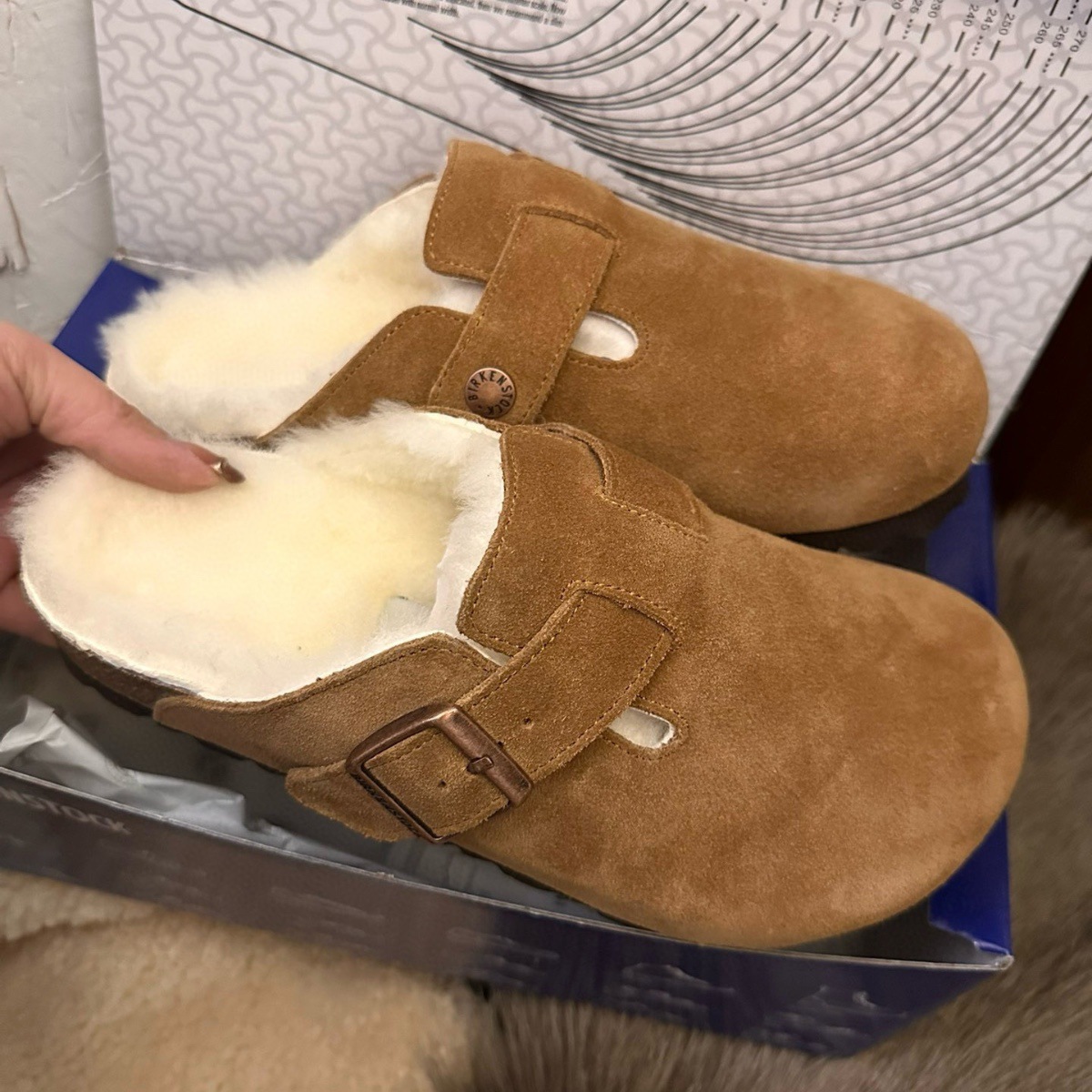 Birkenstock Wool Slippers Home Slippers Small Potato Wool Half Slippers Genuine Leather Birkenstock Women Slip-On Snow Boots