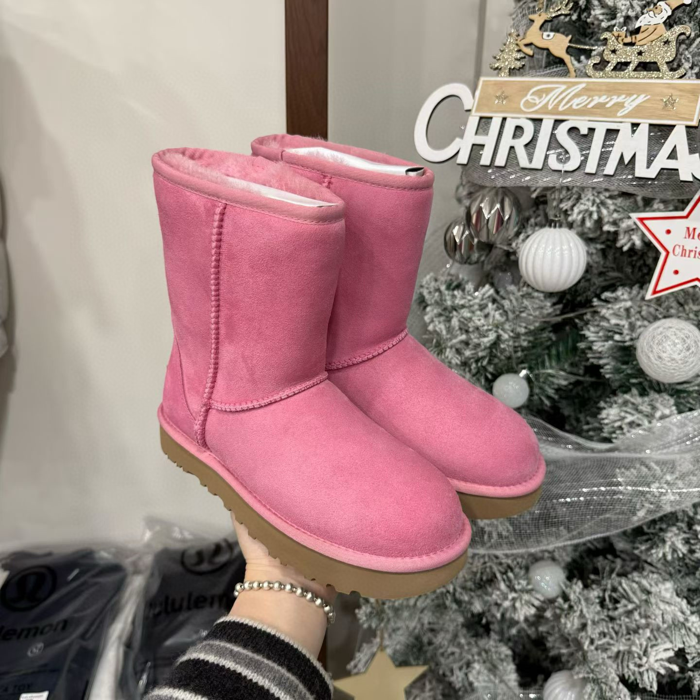 UGG Women's Thick Sole Pink Real Fur Snow Boots