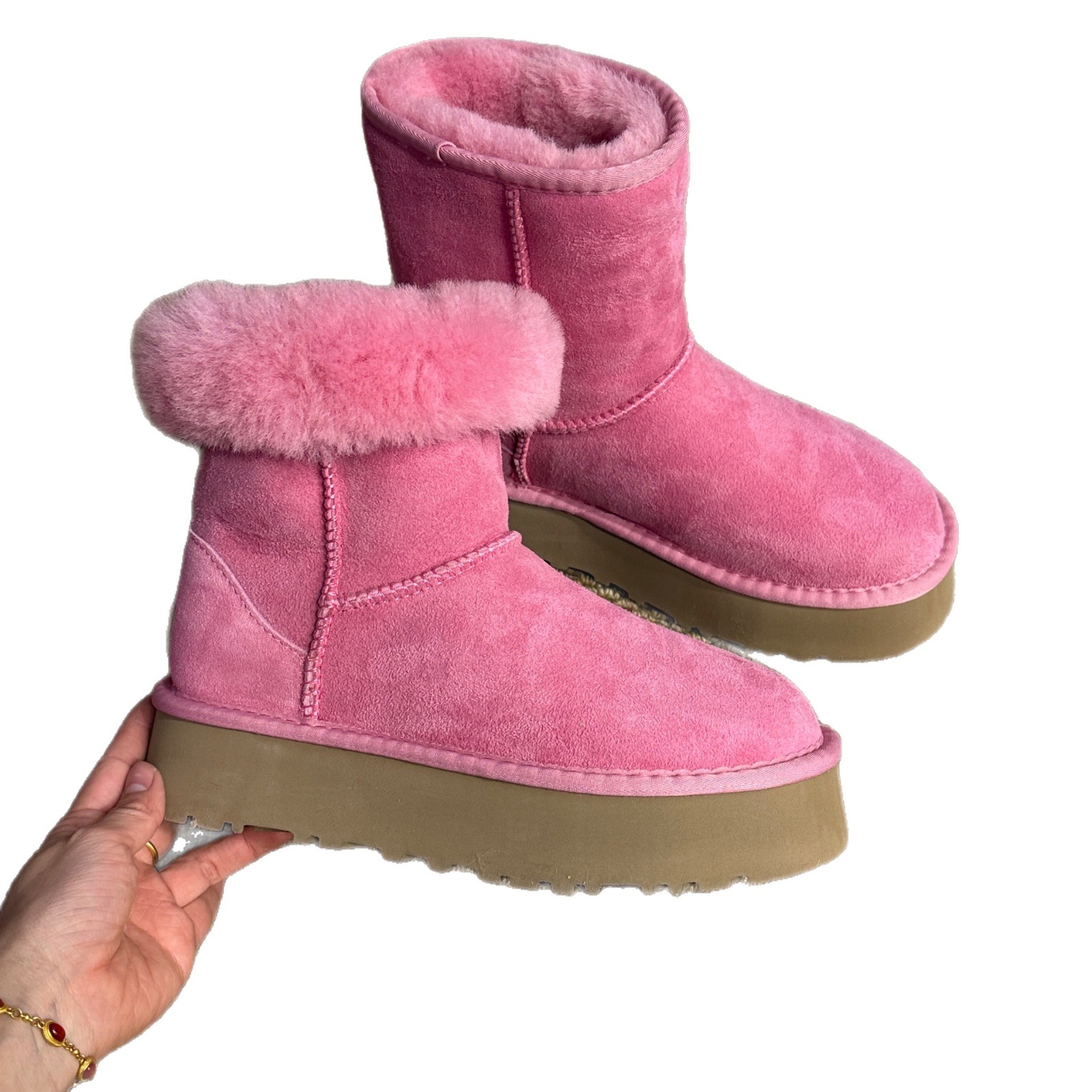 UGG Women's Thick Sole Pink Real Fur Snow Boots