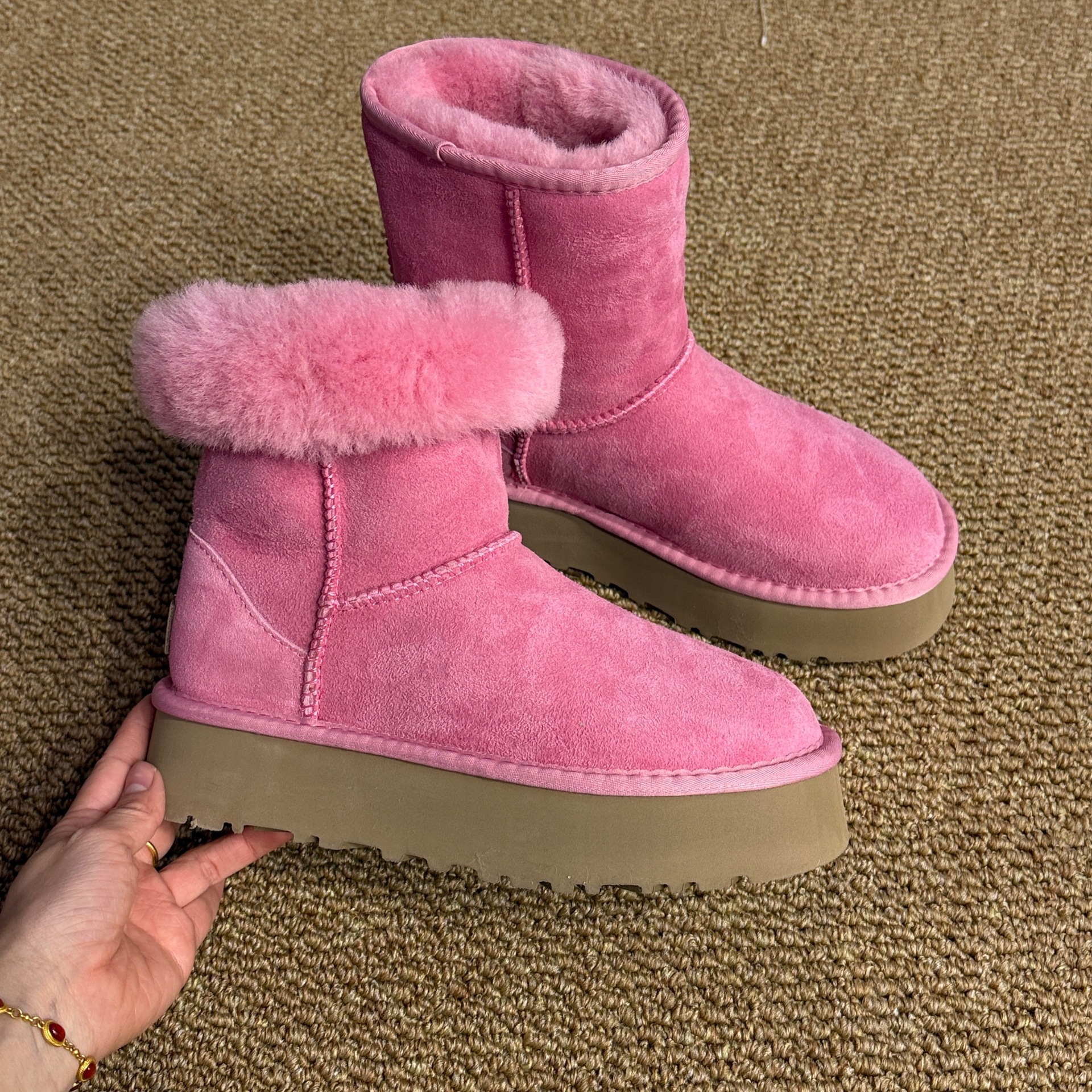 UGG Women's Thick Sole Pink Real Fur Snow Boots