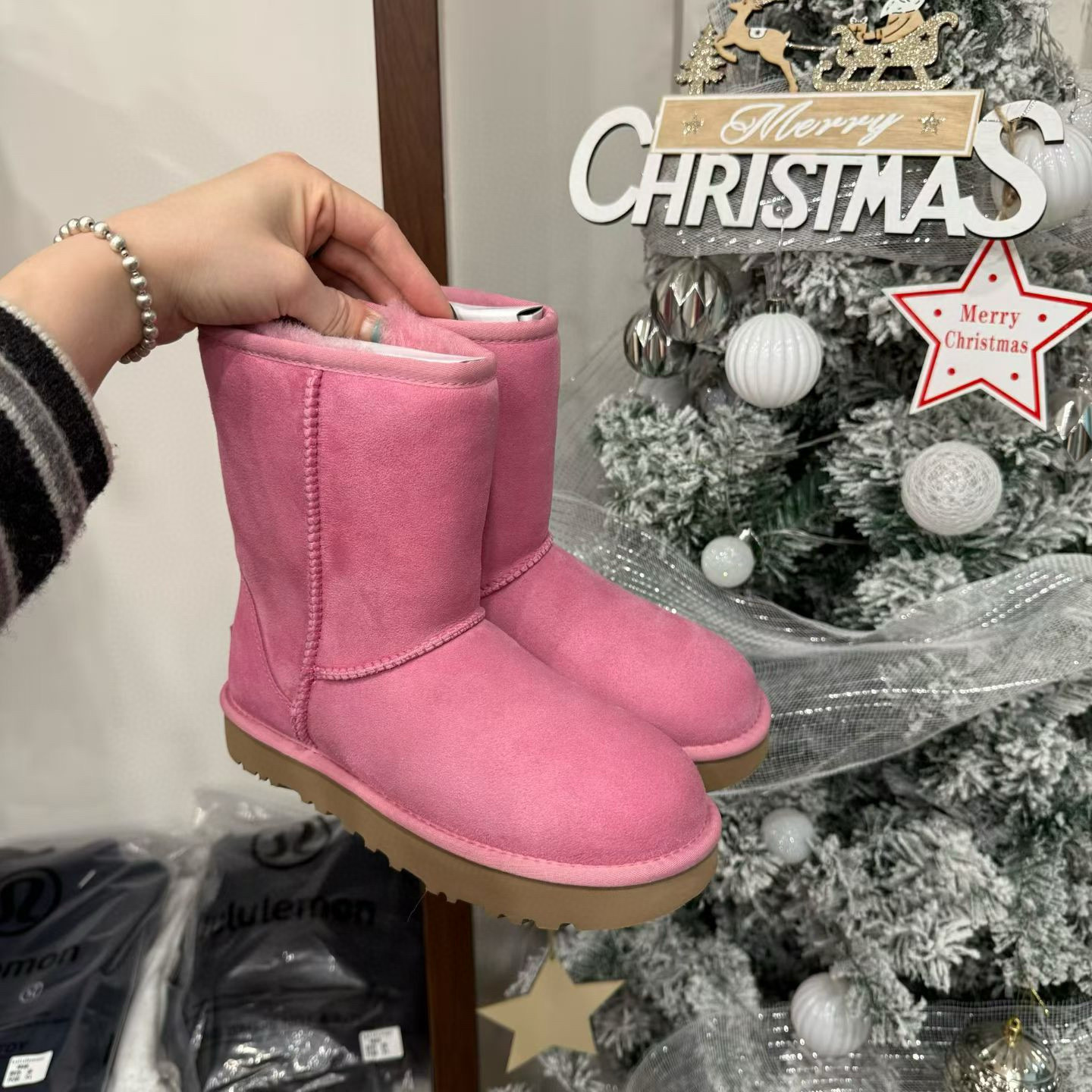 UGG Women's Thick Sole Pink Real Fur Snow Boots