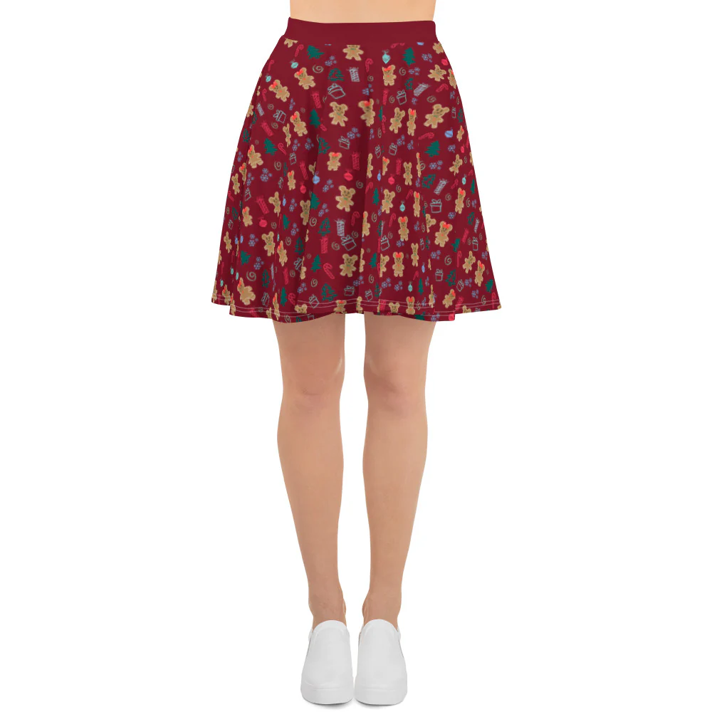 Gingerbread Mickey and Minnie Christmas Skirt Gingerbread Disney Holiday Skirt- Maroon