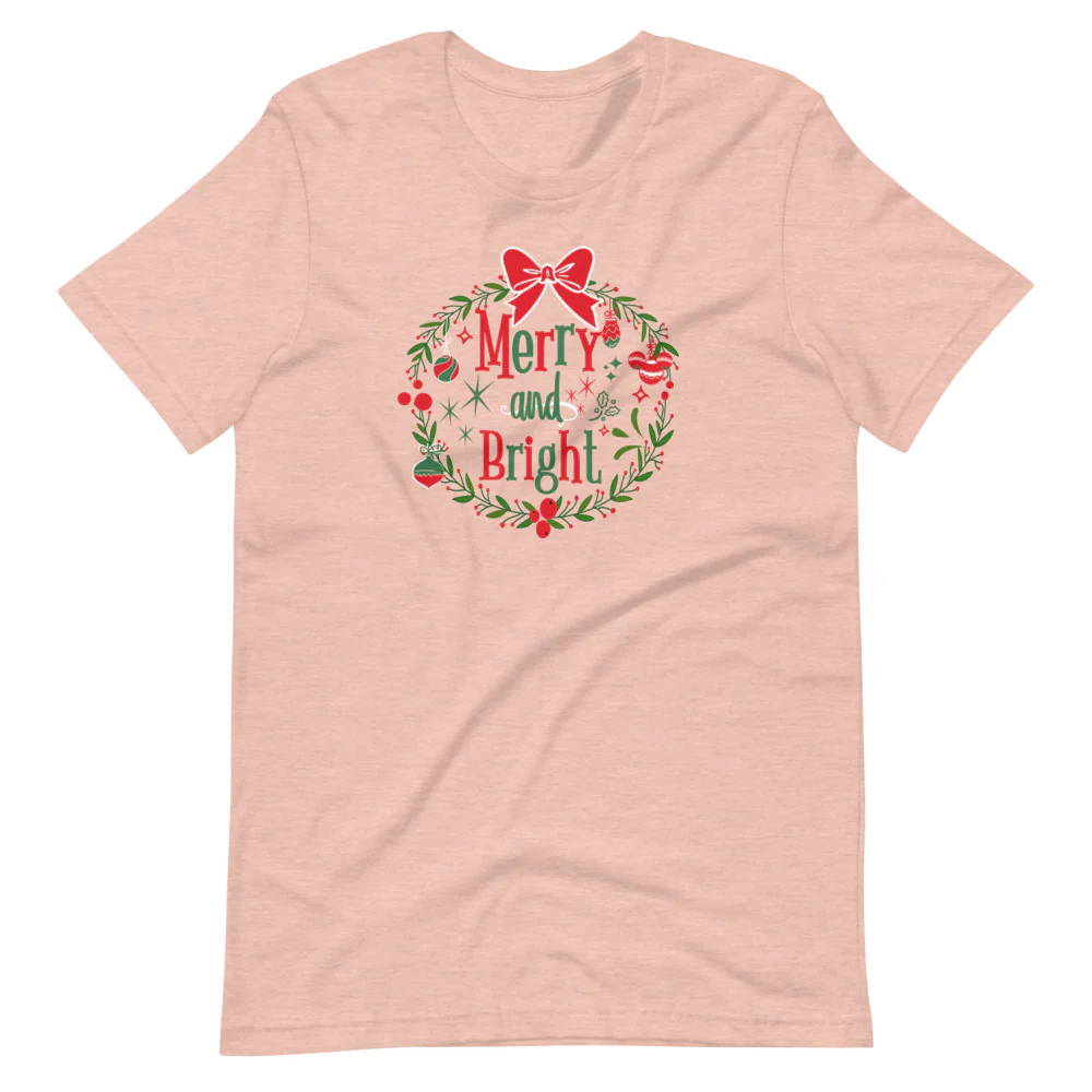 Merry and Bright T-shirt Disney Christmas Mickey Wreath Short-Sleeve Unisex T-Shirt