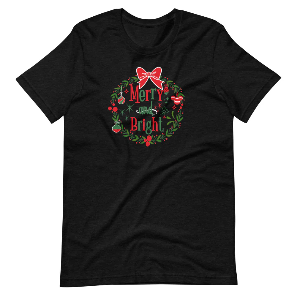 Merry and Bright T-shirt Disney Christmas Mickey Wreath Short-Sleeve Unisex T-Shirt