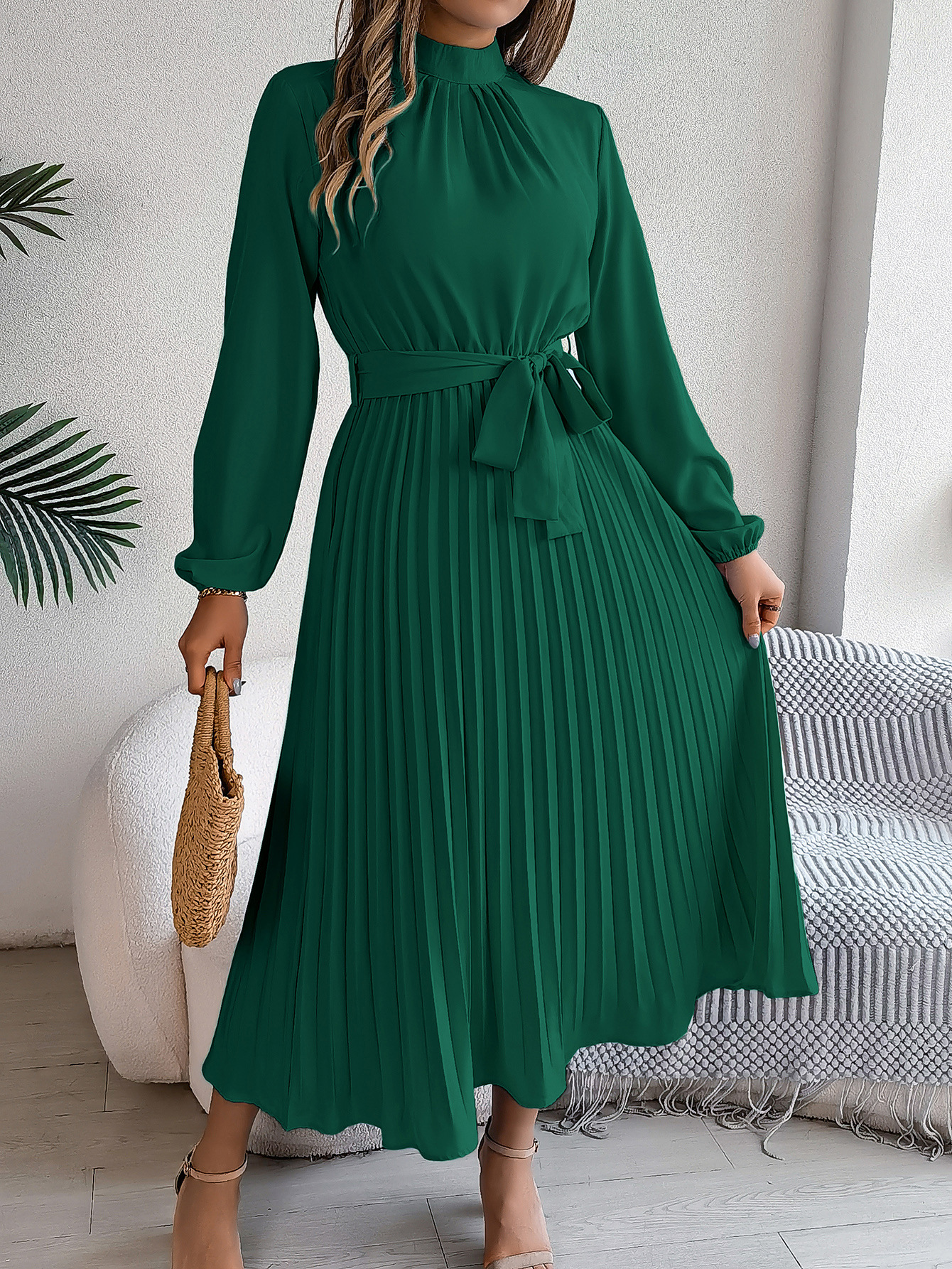 Autumn and winter elegant stand collar long sleeve waist pleated maxi dress green