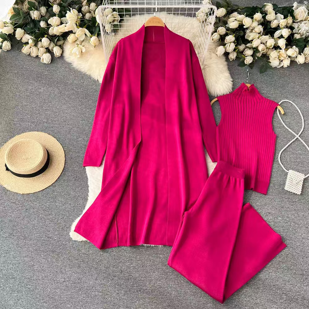 Solid color casual suit for women: shawl coat + V-neck bottoming sweater + wide-leg trousers three-piece suit pink