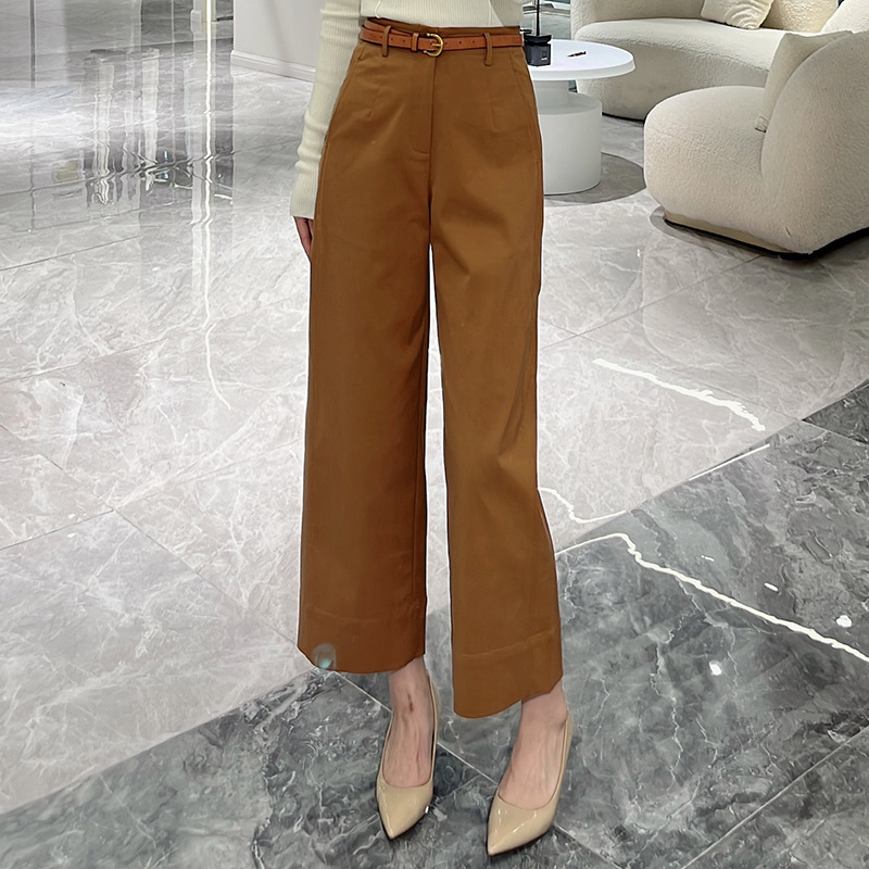 Women's casual pants with high waist, slimming effect, Tencel cotton, 9-point straight-leg pants, Khaki