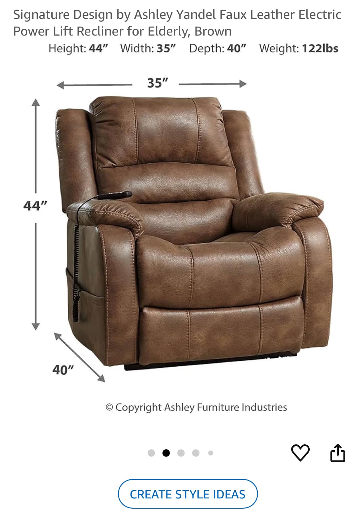 Signature Design by Ashley Yandel Faux Leather Electric Power Lift Recliner for Elderly, Brown