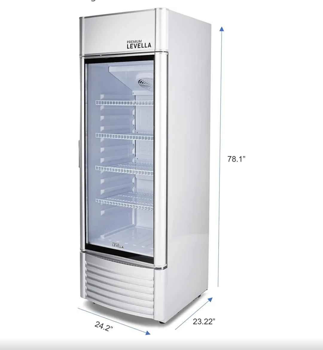 PremiumLevella PRF90DX Glass Door Display Refrigerator 9.0 cu ft Commercial Beverage Cooler Merchandiser With Customizable Lightbox - Silver