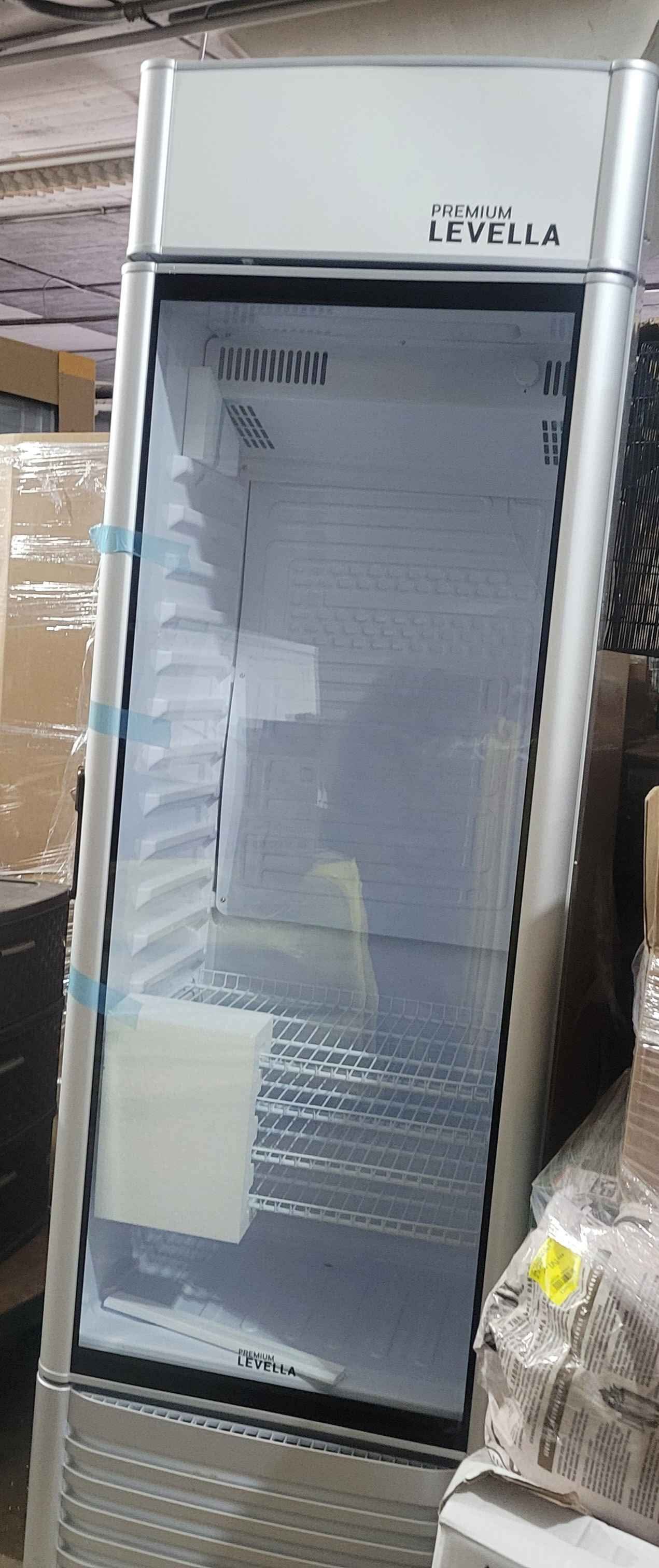 PremiumLevella PRF90DX Glass Door Display Refrigerator 9.0 cu ft Commercial Beverage Cooler Merchandiser With Customizable Lightbox - Silver