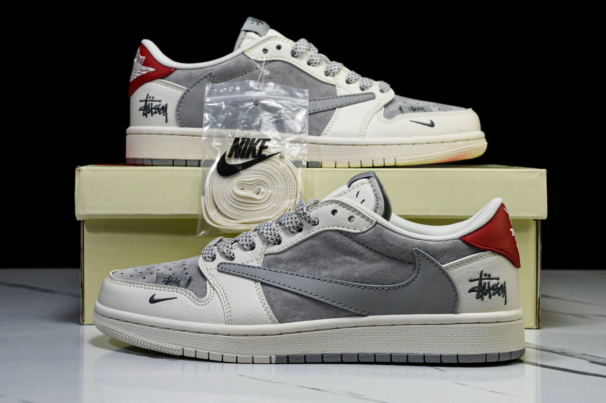 Travis Scott AJ1 Low x Stussy 'Grey White Red' (Custom)