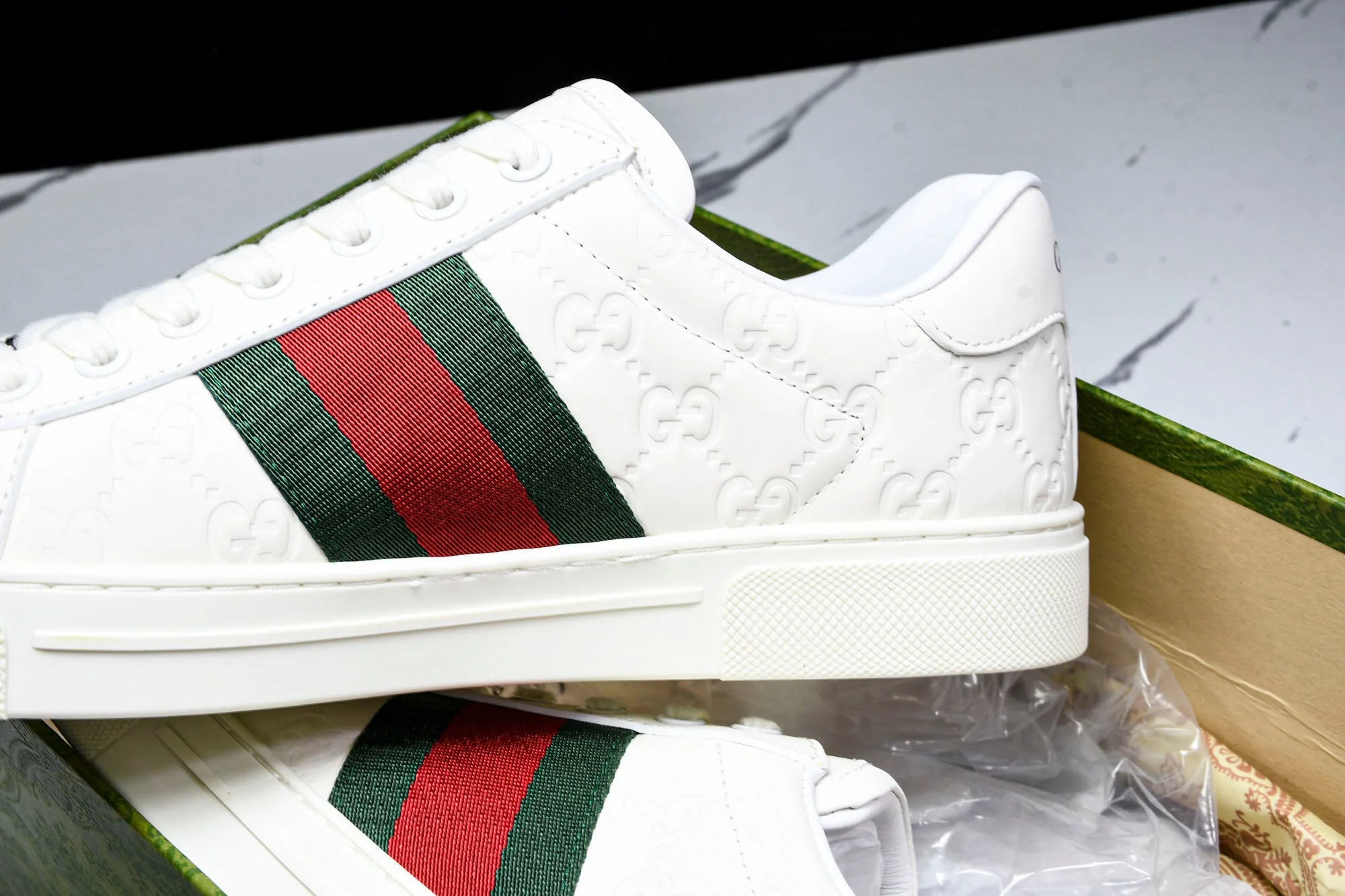 Guссi Ace Web 'Embossed White Monogram'