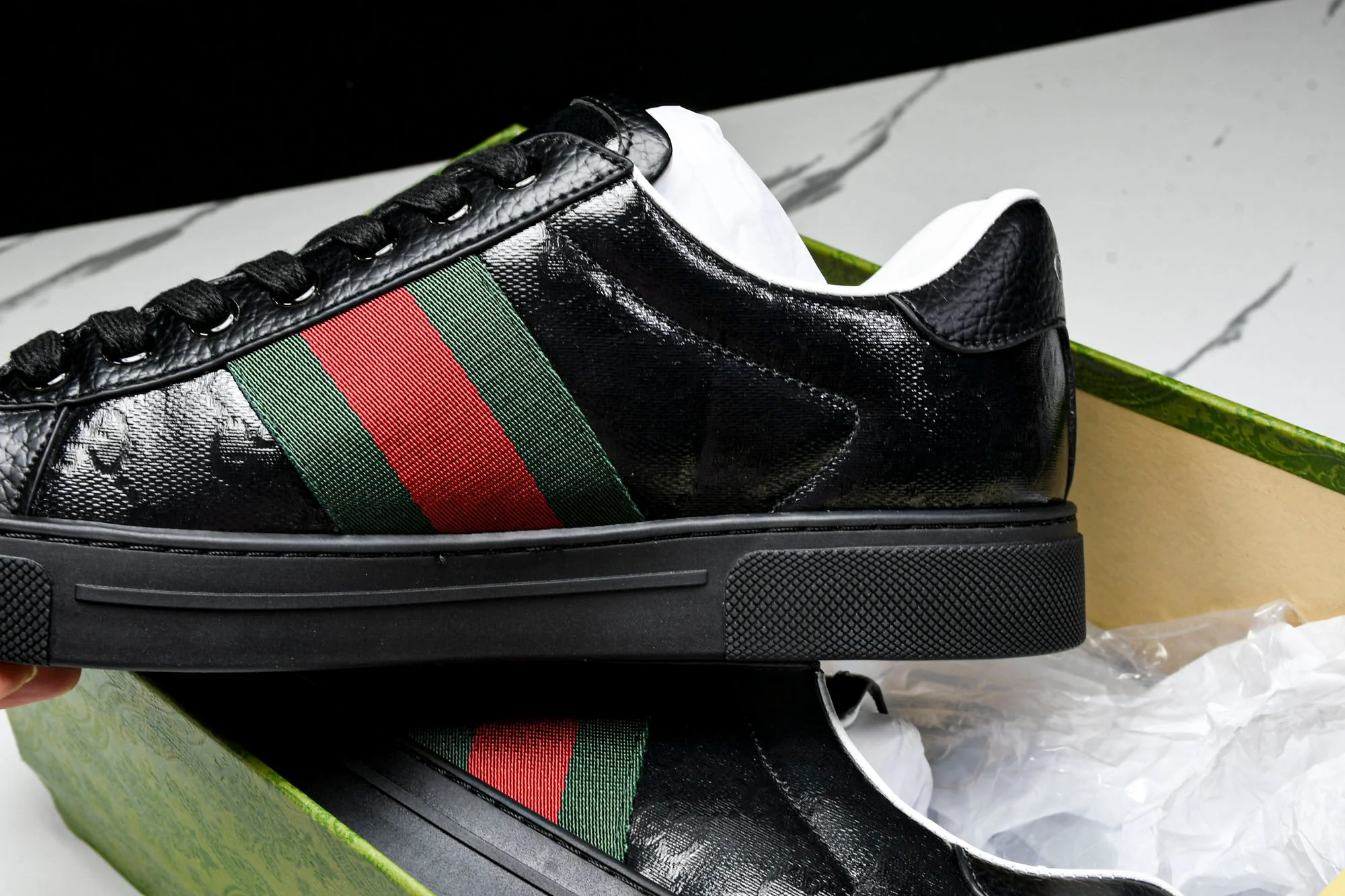 Guссi Ace Web 'Glossy Black Monogram'