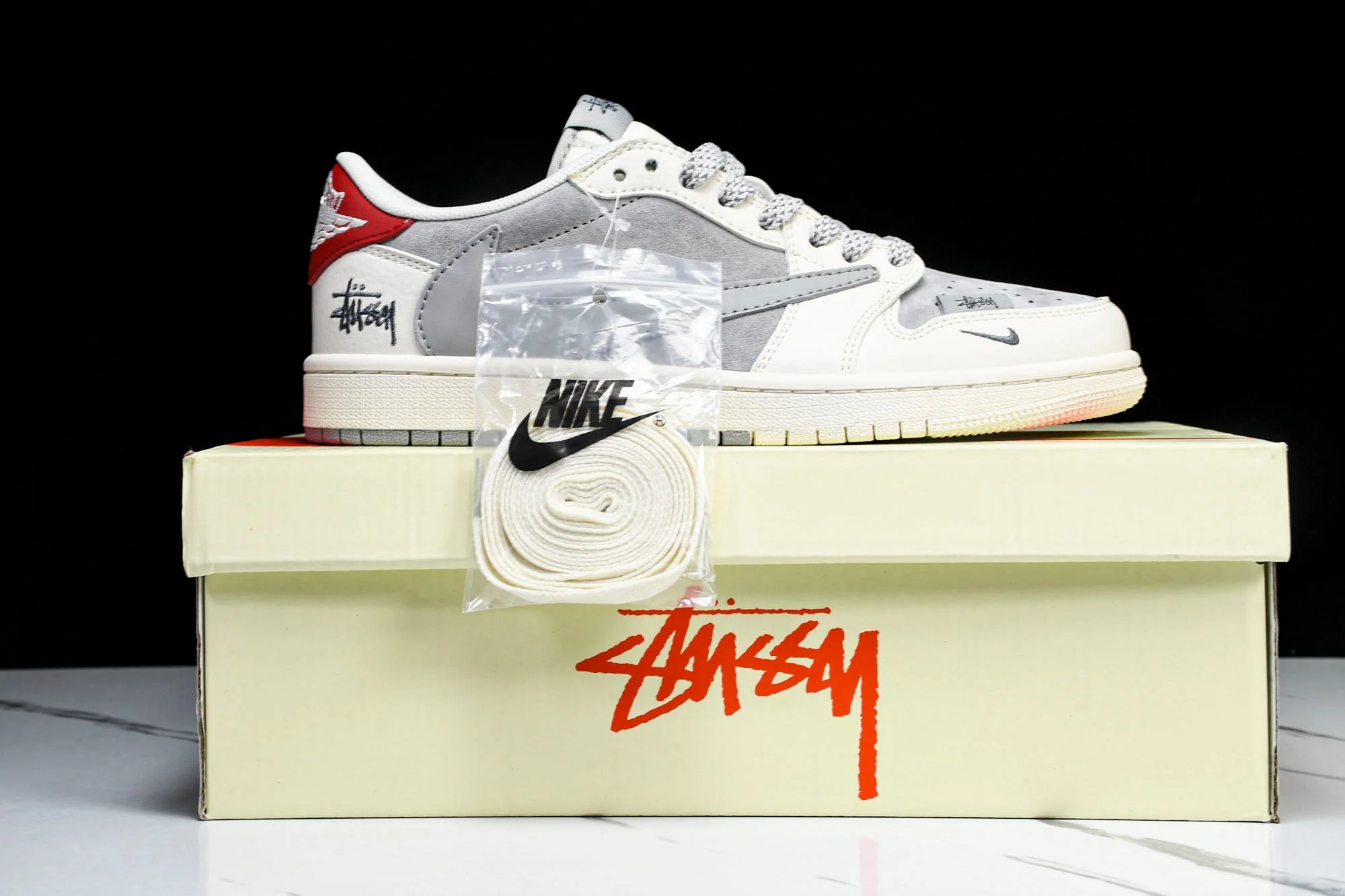 Travis Scott AJ1 Low x Stussy 'Grey White Red' (Custom)