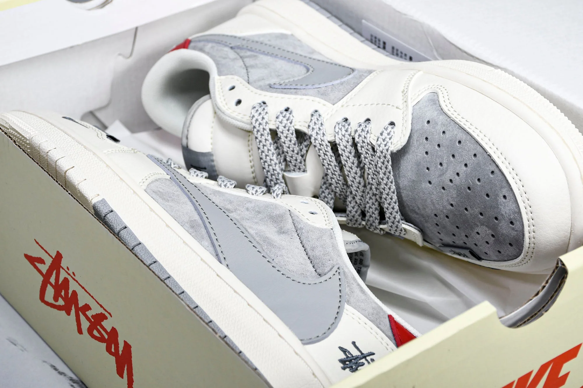Travis Scott AJ1 Low x Stussy 'Grey White Red' (Custom)