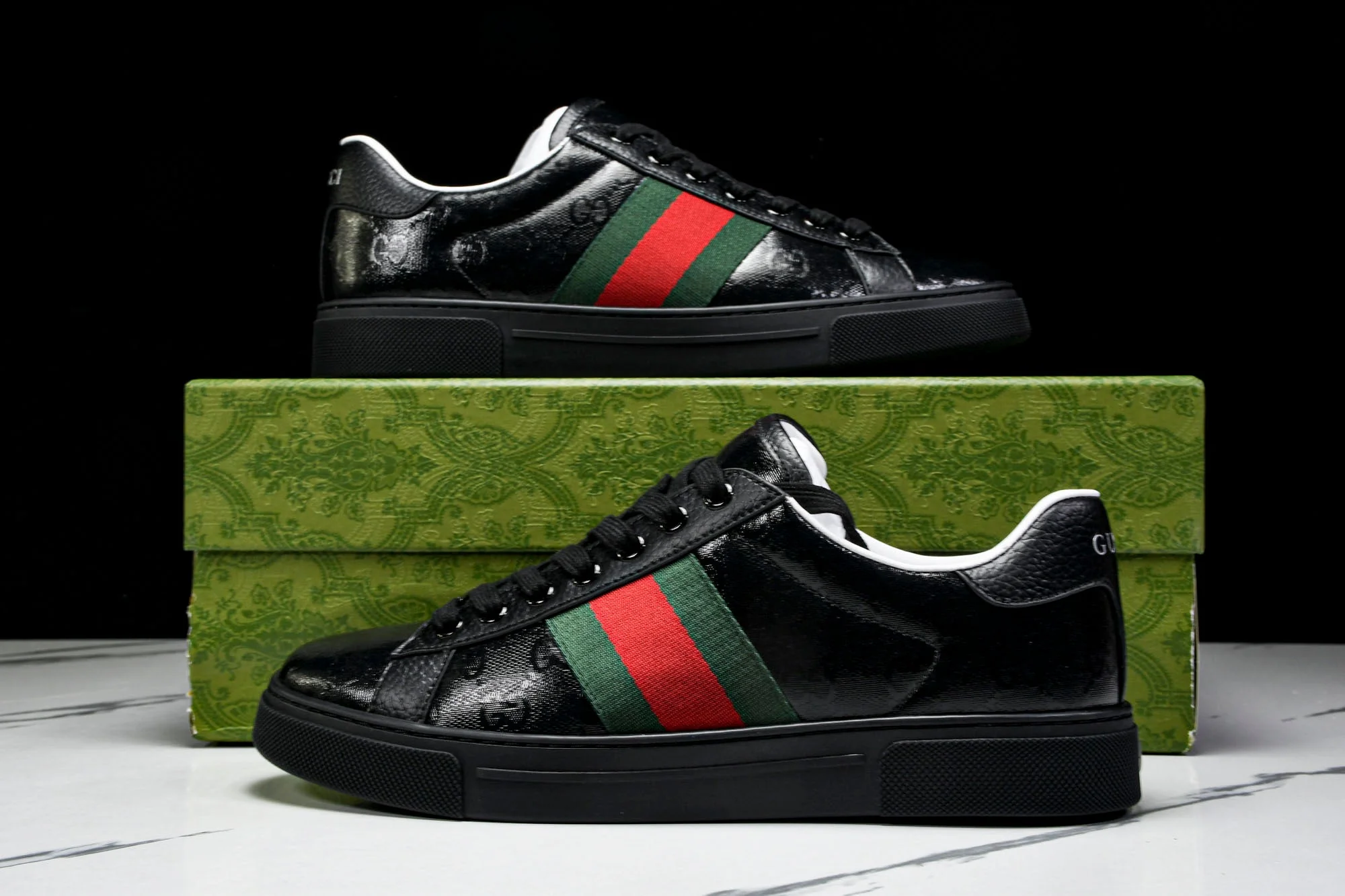 Guссi Ace Web 'Glossy Black Monogram'