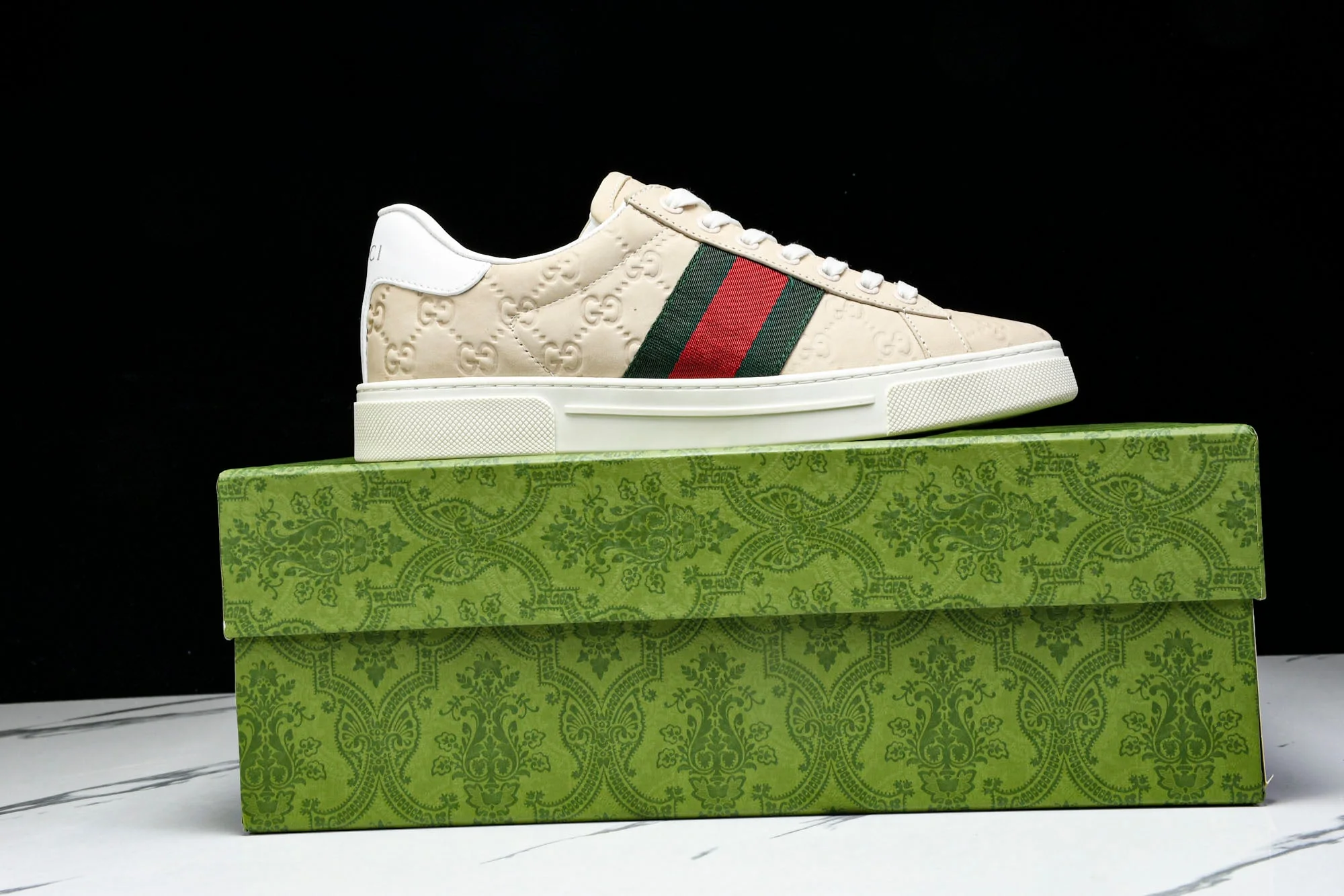 Guссi Ace Web 'Embossed Beige Monogram'