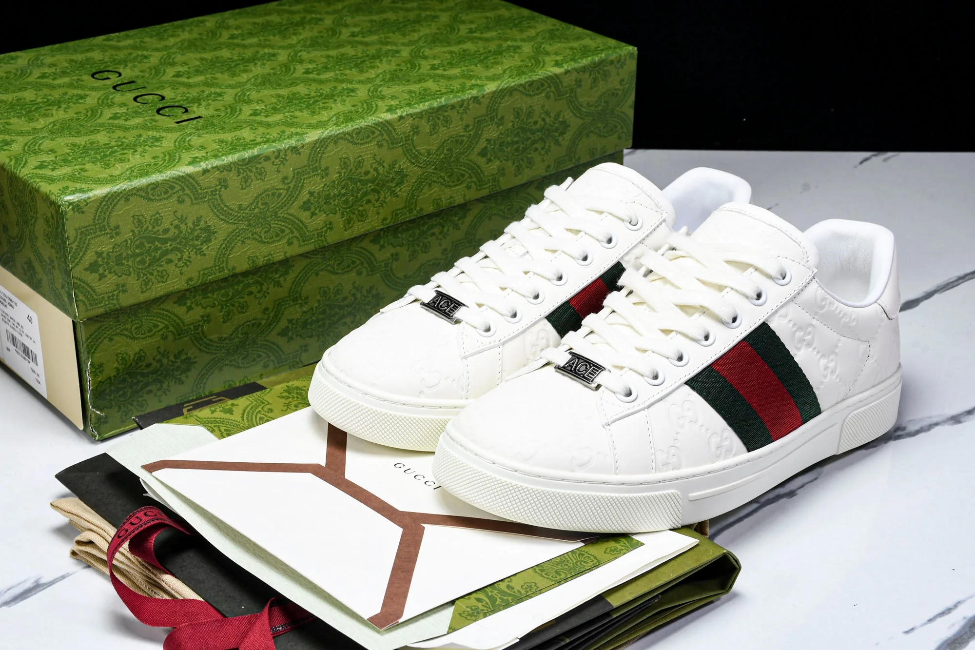 Guссi Ace Web 'Embossed White Monogram'