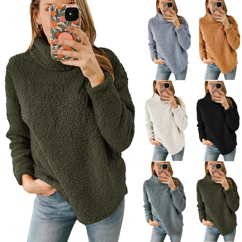 Fur Turtleneck Solid Color Sweatshirt Plush Top
