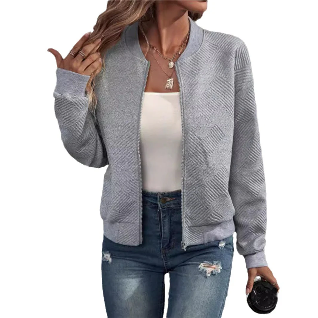 New Fashionable Plaid Zipper Round Neck Long Sleeve Jacket Women
