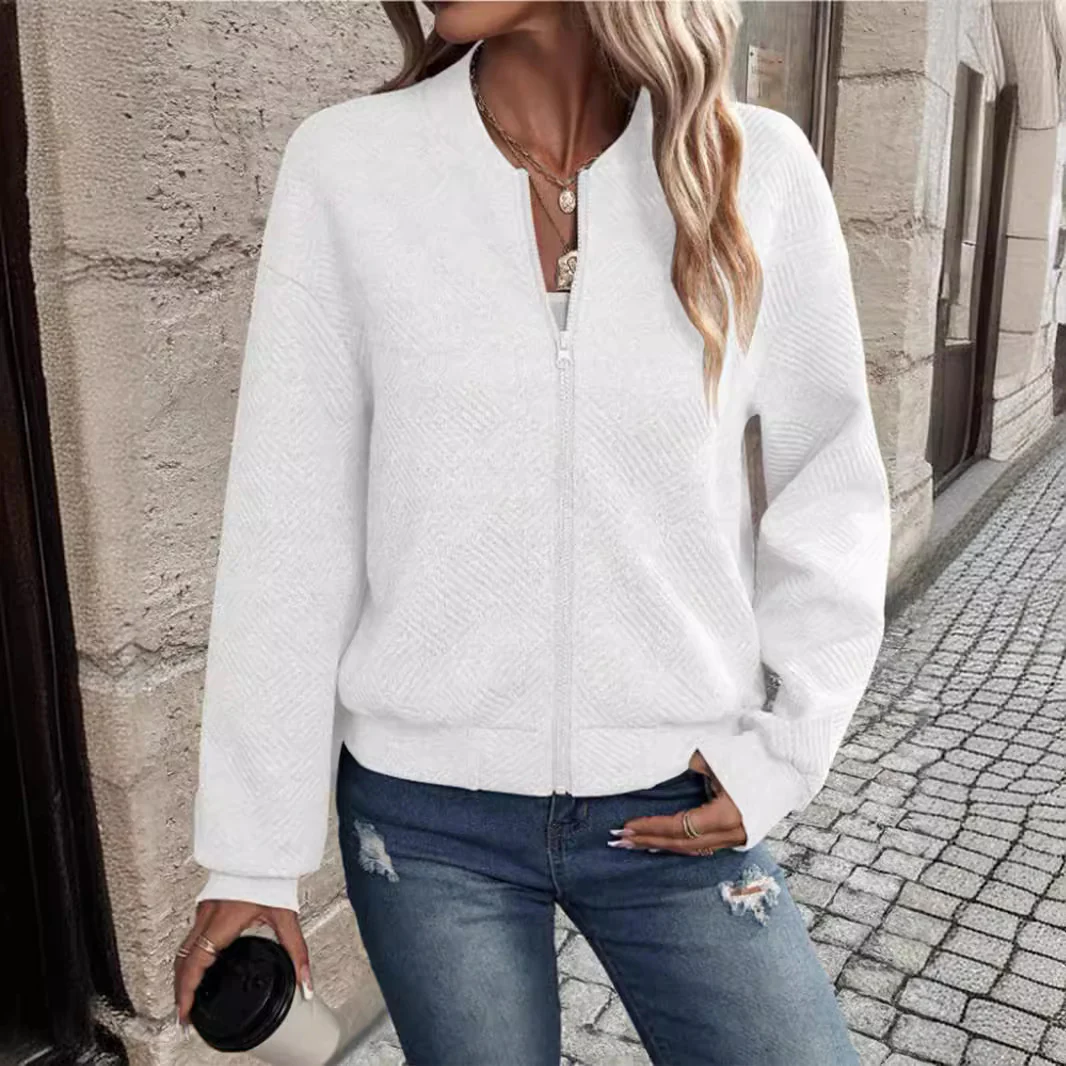 New Fashionable Plaid Zipper Round Neck Long Sleeve Jacket Women