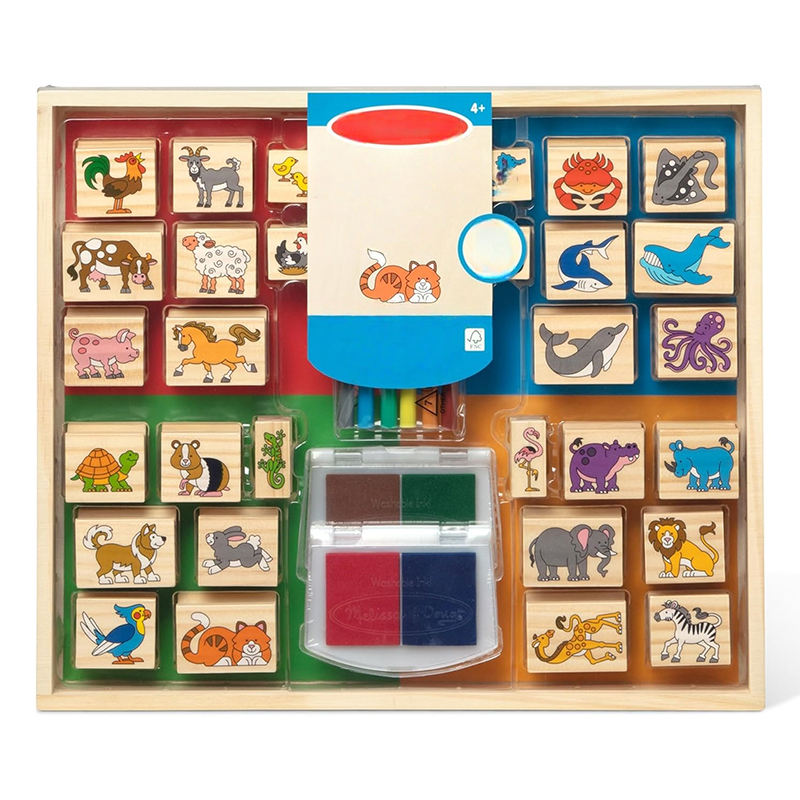 Melissa & Doug Deluxe Wooden Stamp Set:Animals - 30 Stamps, 6 Markers, 2 Stamp Pads