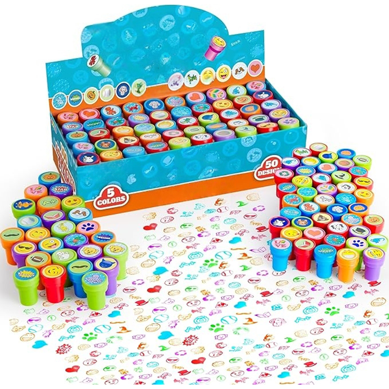 JOYIN 100PCS Assorted Stamps for Kids Self-Ink for Party Favor, Teacher Stamps, Kids Treasure Box, Prize for Classroom, Easter Egg Stuffers (50 Designs, Dinosaur, Halloween Stampers)