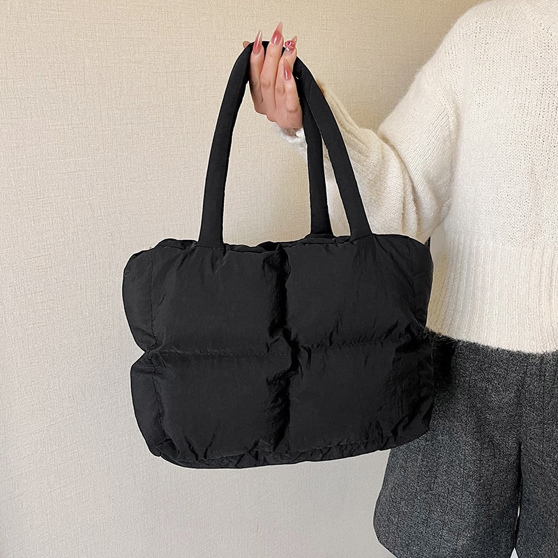 2025 Winter New Cross-Border Down Cotton Bag Women's Bag Simple Cotton-Filled Space Bag Tote Bag Checkered Handbag