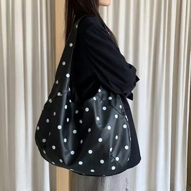 Korean Style Tote Bag for Women 2025 Spring Summer New Ins Niche Retro Polka Dot Large Capacity Tote Shoulder Bag