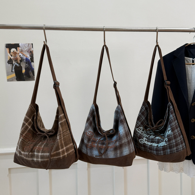 New Plaid Single Shoulder Bag for Women, Large Capacity Lazy Style Canvas Bag, Double-Sided Commuter Bag, Student Class Backpack