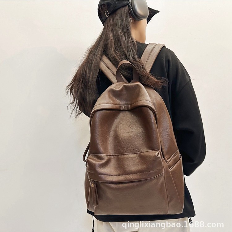 Soft PU Texture Solid Color Backpack Simple Daily Commute Bag Large Capacity Simple Double Shoulder Bag Travel Bag School Bag for Men