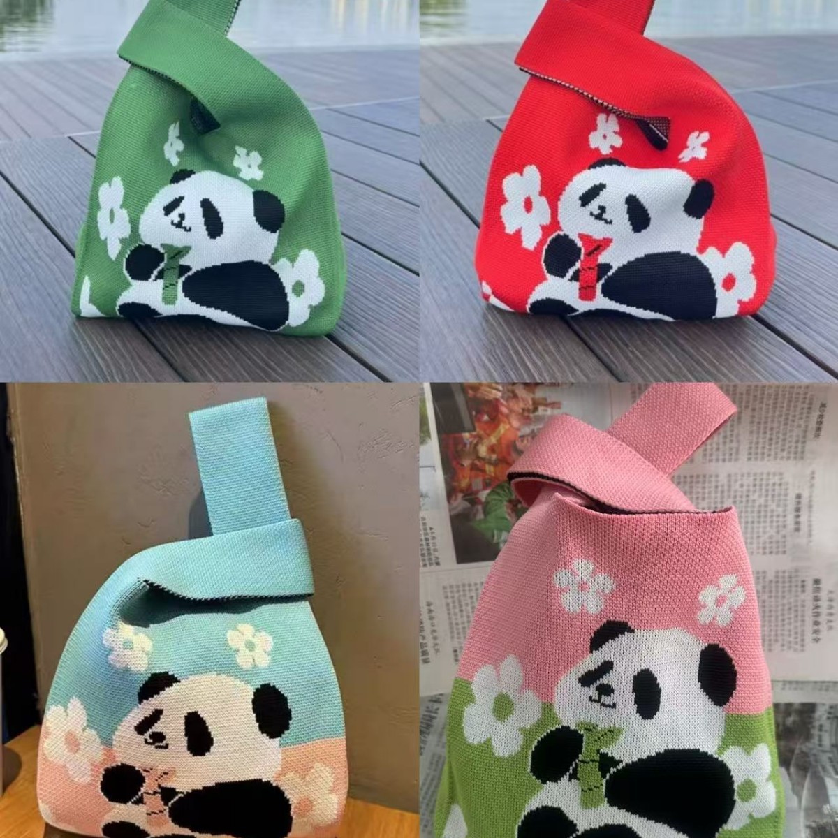 Panda Animal Four Seasons Flower Knitted Bag for Women, Bamboo Bear Handheld Bag, Wrist Bag for Walking and Shopping, Lazy Backpack
