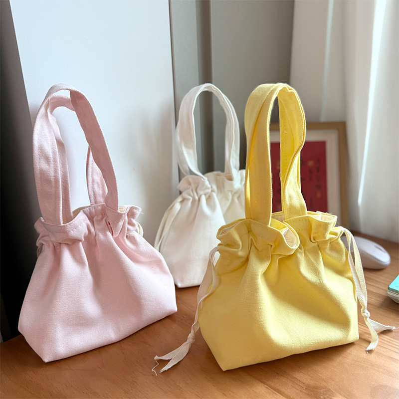 Handheld Bag Japanese Style Tote Lunch Bag Large Capacity Solid Color Drawstring Lunch Box Bag Wholesale Fresh Style Drawstring Canvas Bag