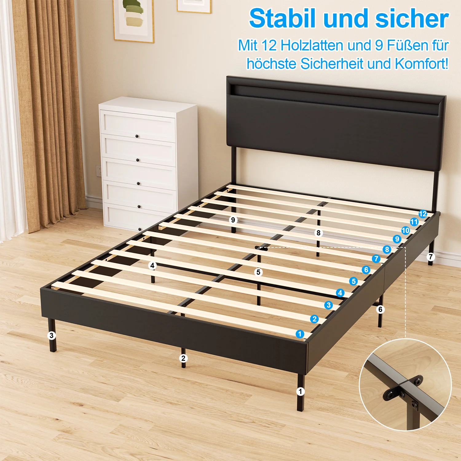 Polsterbett Bettgestell mit Kopfteil Leder LED-Beleuchtung