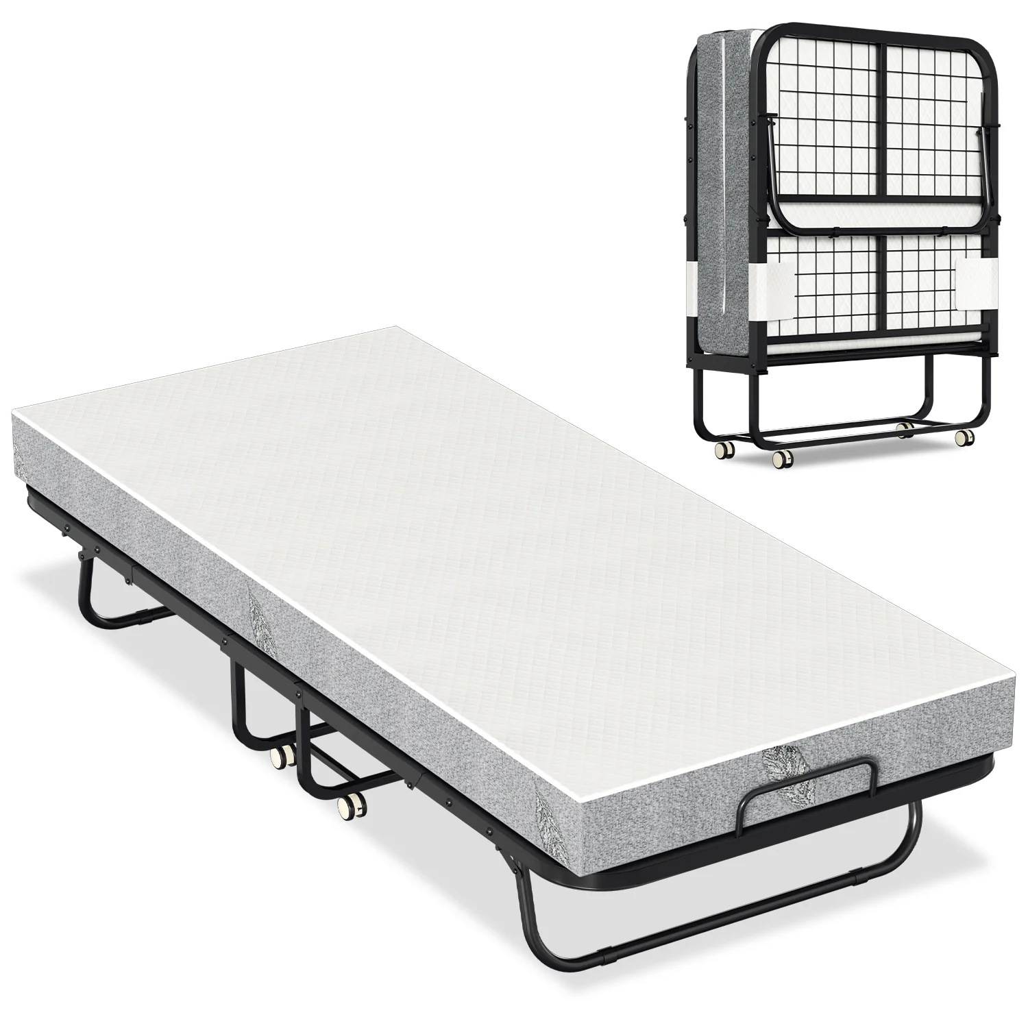 Klappbett Gästebett 90x200cm mit 13cm Matratze und Rollen