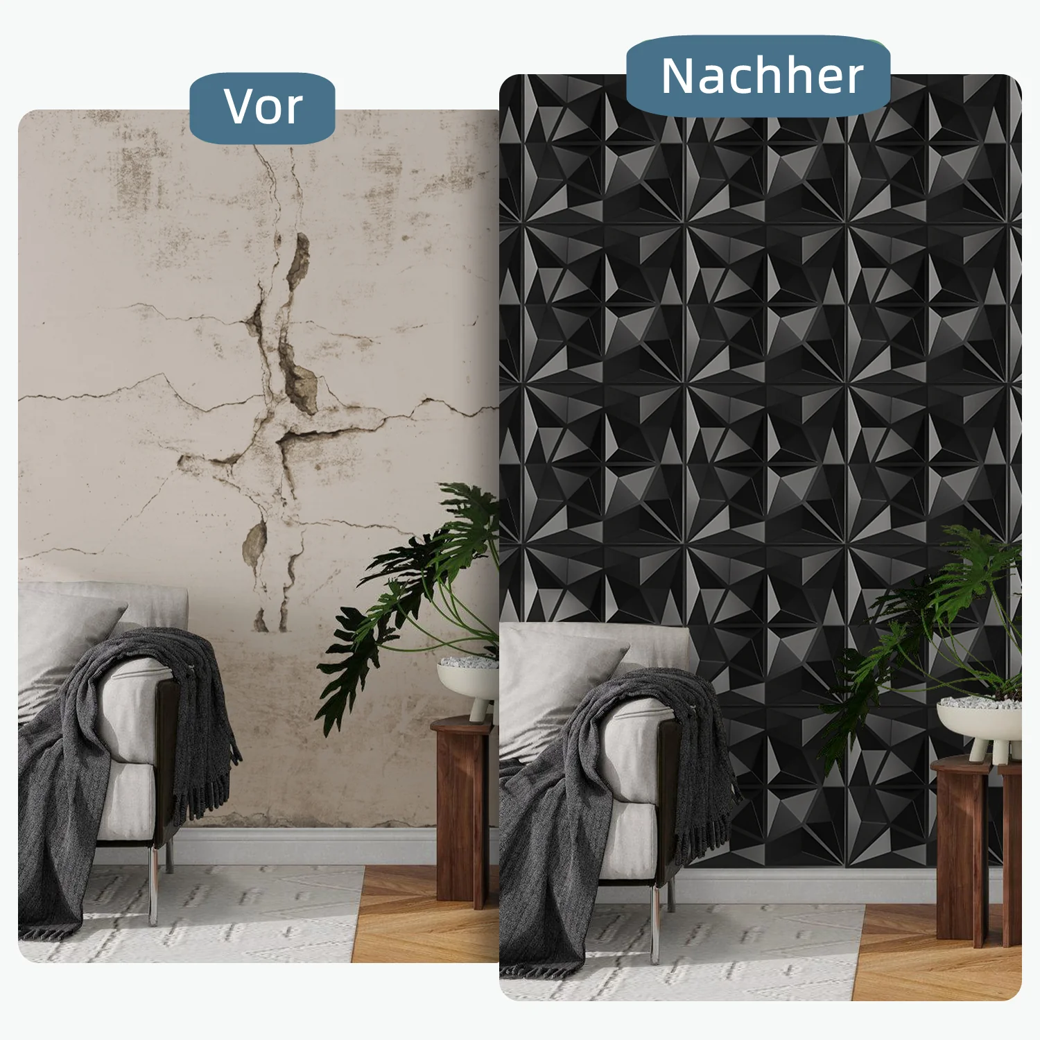 3D Wandpaneele 12 Stück 50x50cm Rund Diamant Schwarz