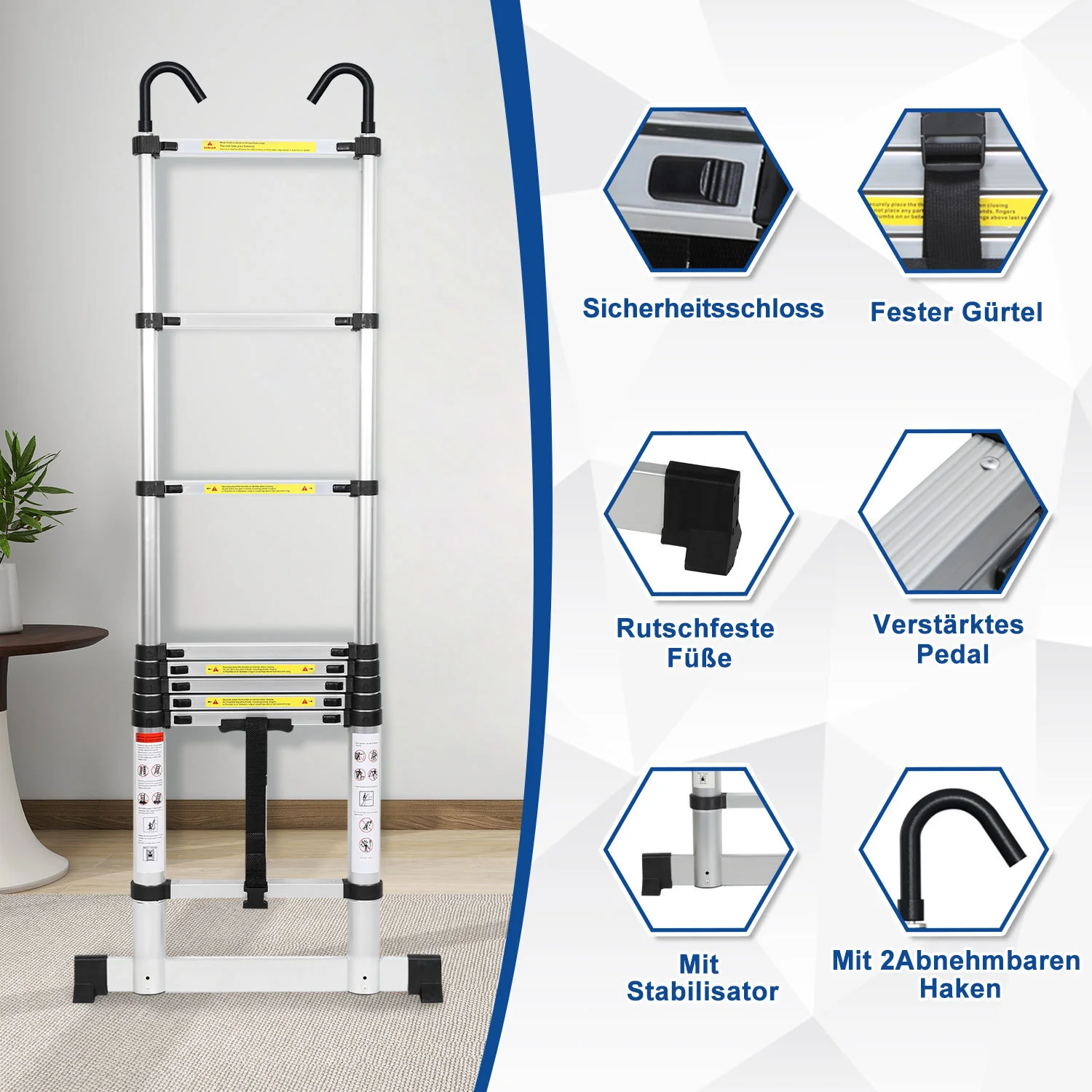 Teleskopleiter mit 2 Abnehmbarem Haken mit Stabilisator
