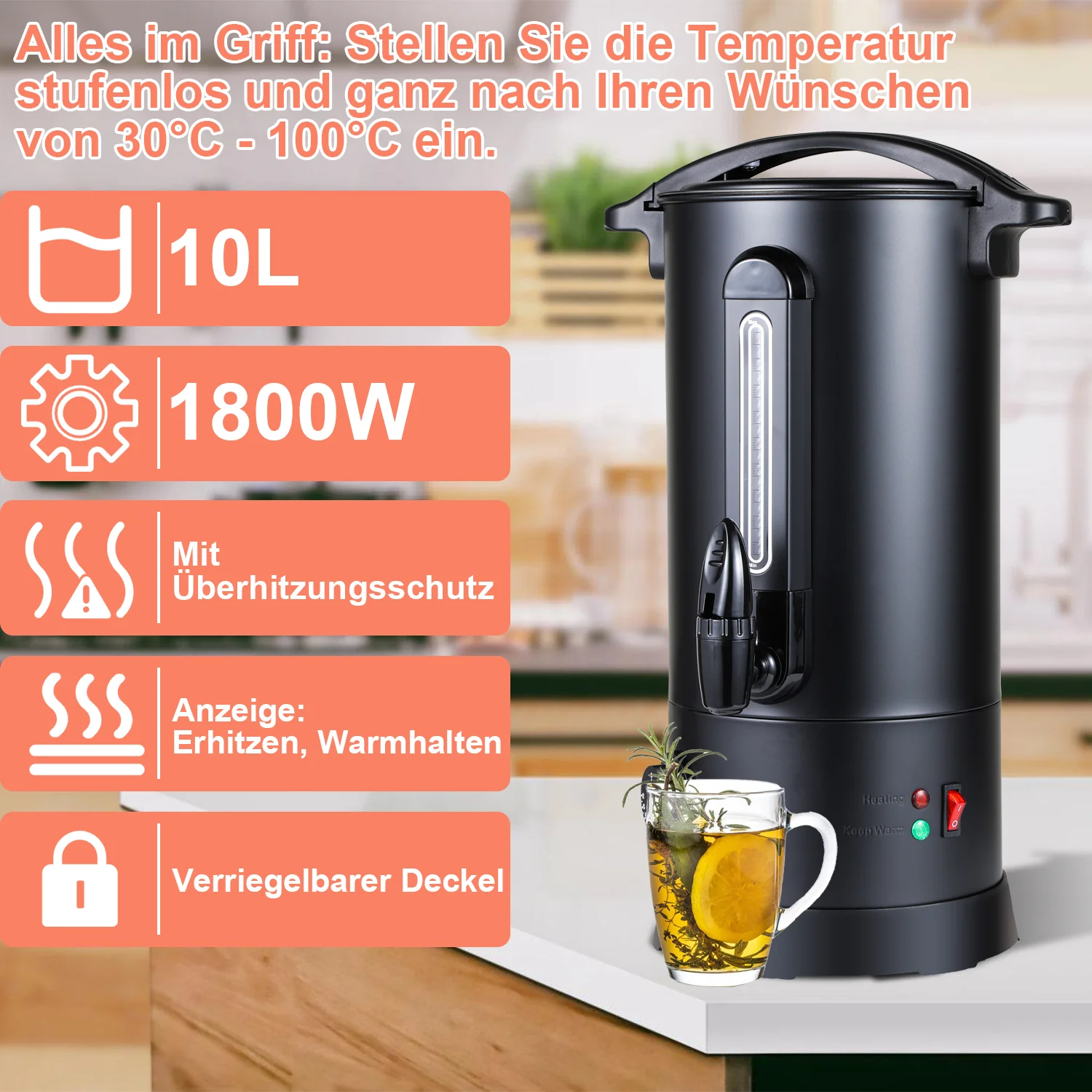 Glühweinkocher Glühweintopf Edelstahl 1800W 10L