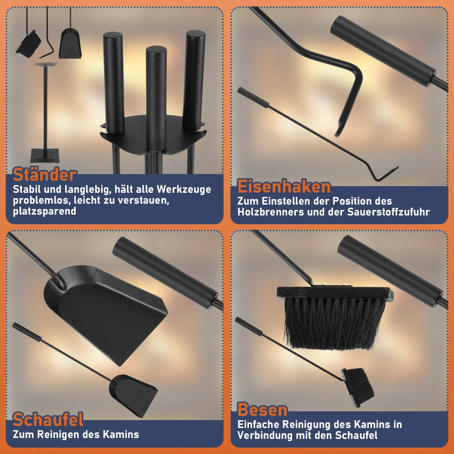 Kaminbesteck 3 teilig Edelstahl Kaminbesteck Set